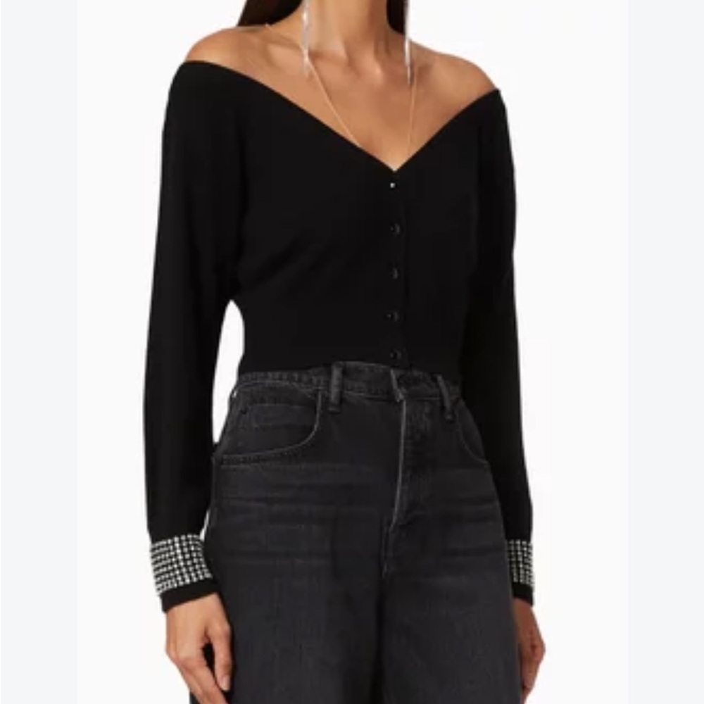Alexander Wang Black Off-Shoulder Cropped Sweater with Rhinestone Cuffs